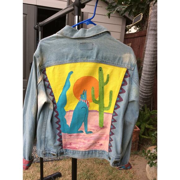 VINTAGE 80's UNISEX ARTIST SIGNED Southwestern HANDPAINTED Denim Jacket! 40R - Picture 2 of 9